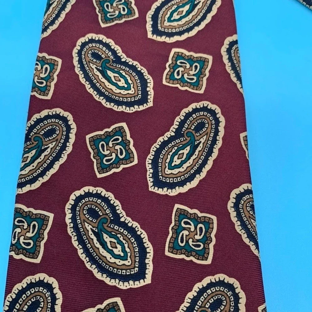 Adolfo Burgundy Geometric Paisley Print Silk Men's Classic Neck Tie